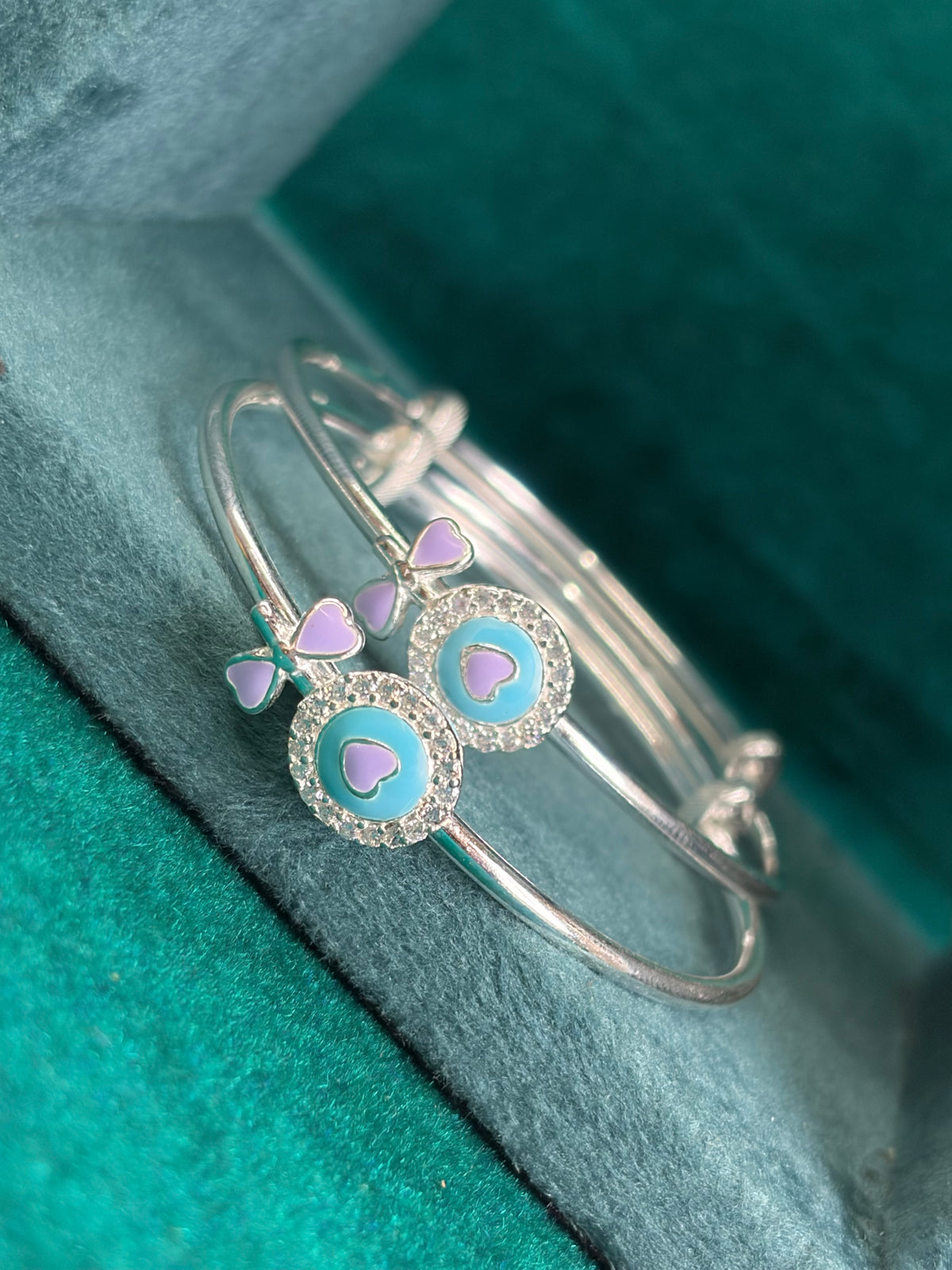 Heart Halo Adjustable Kada Pair – Turquoise Enamel, 925 Silver