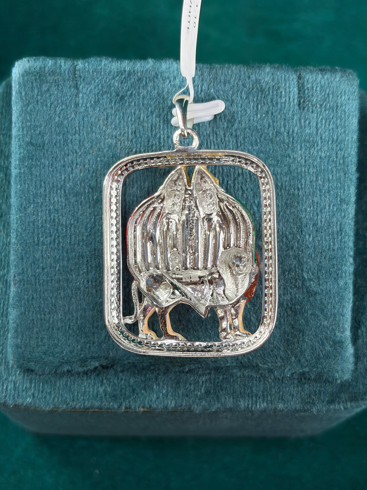 Durga on Lion Enamel Pendant, 925 Silver