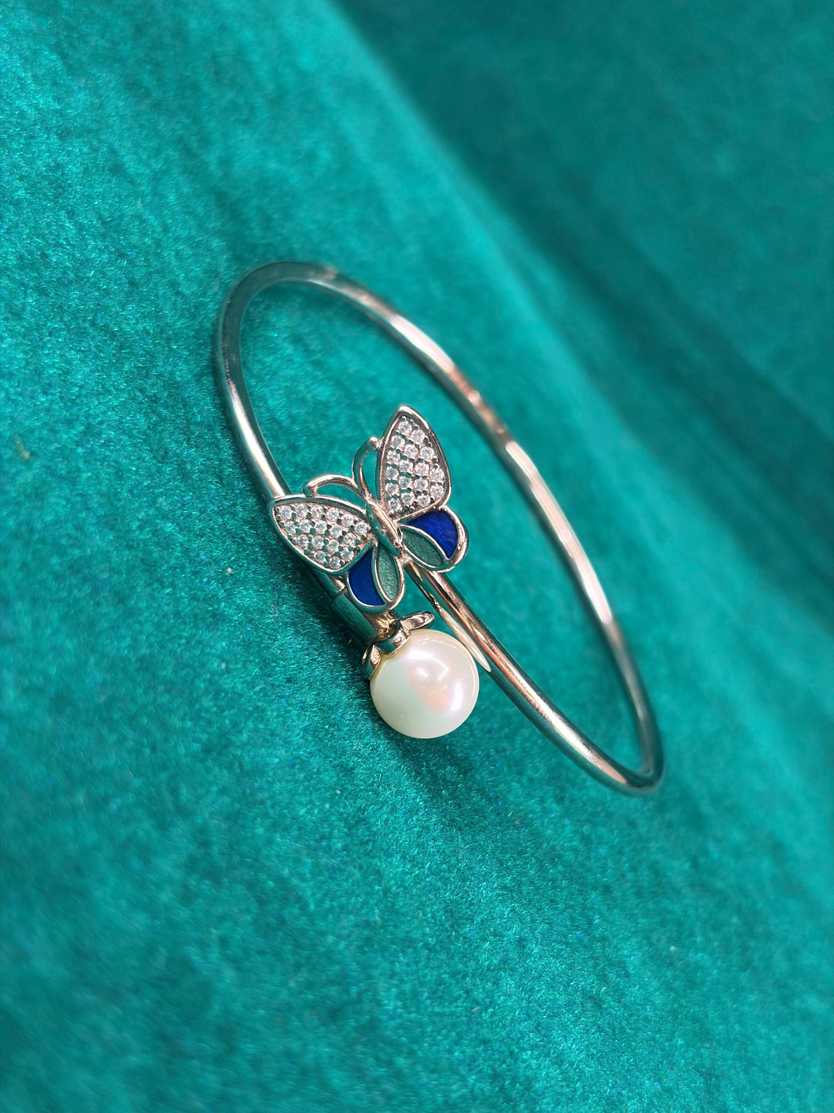 Butterfly Charm Kada Bracelet – Dainty Pearl Accent, 925 Silver