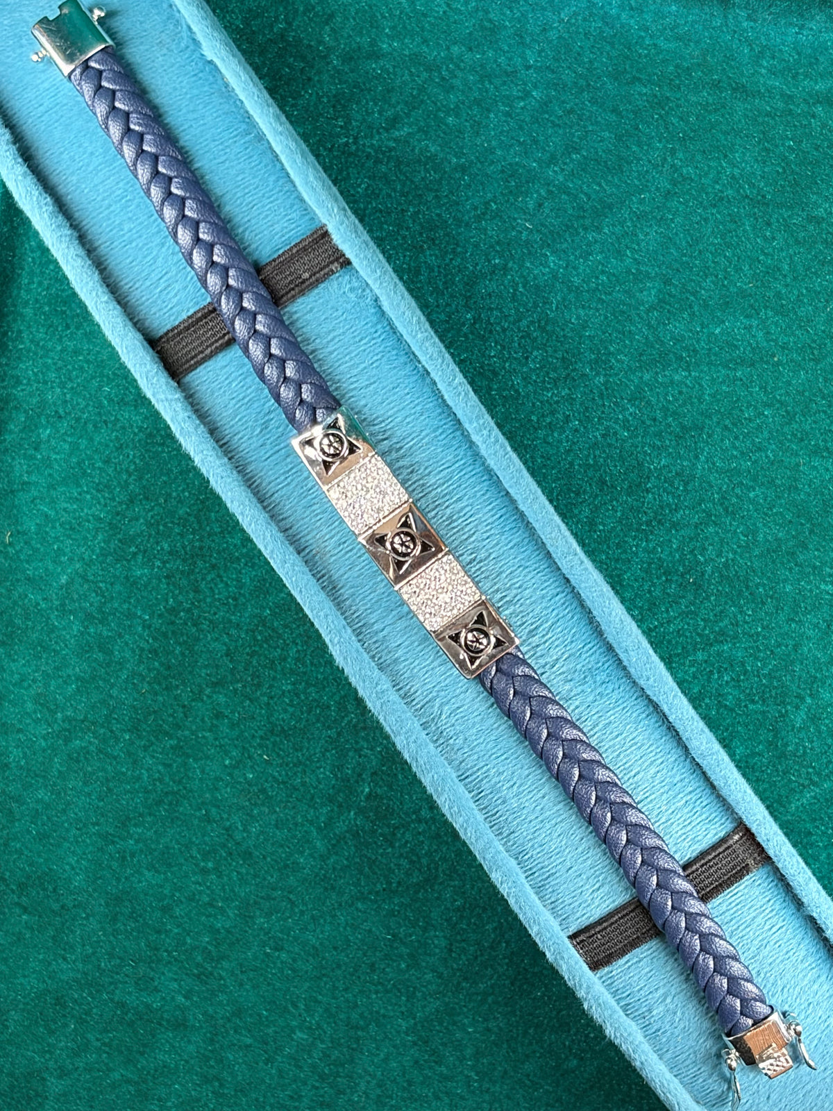 Star Pave Link Bracelet – Navy Braided Cord, 925 Silver