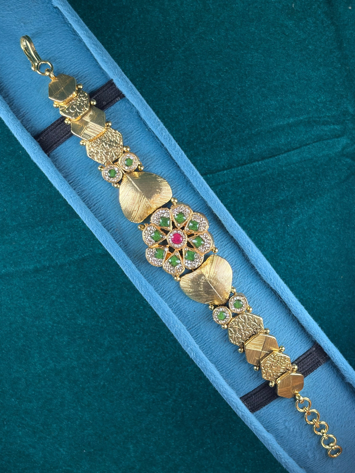 Antique Floral Link Bracelet – Ruby-Tone Center, 925 Silver