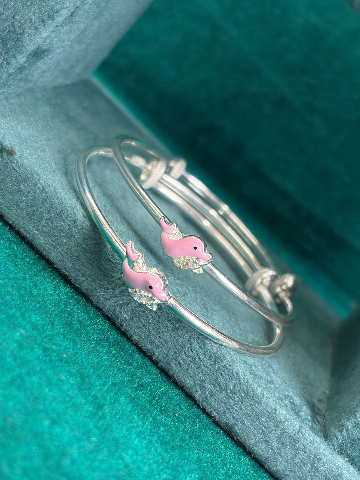 Dolphin Adjustable Kada Pair – Pink Enamel, 925 Silver