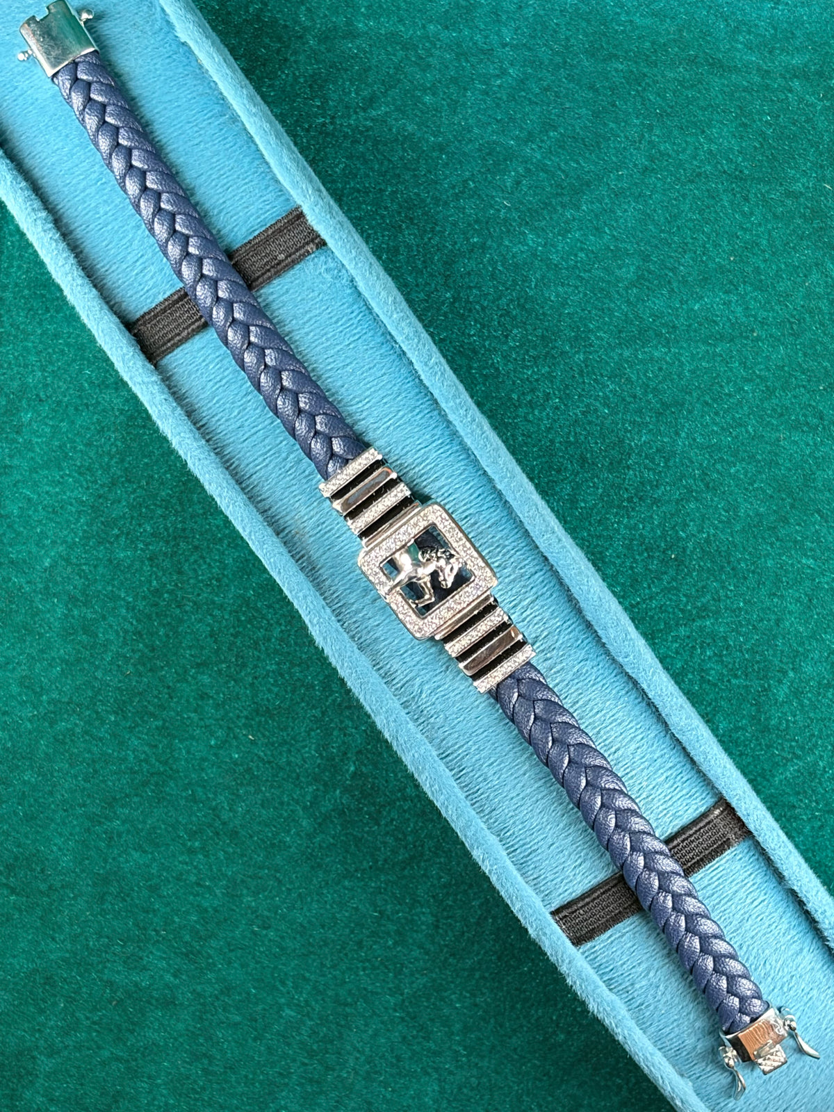Pave Emblem Bracelet – Navy Braided Leather, 925 Silver