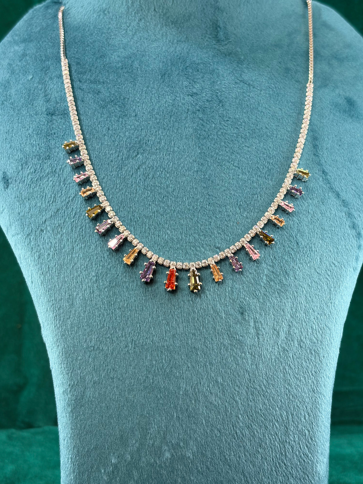 Rainbow Baguette Necklace Set Without Earrings – CZ Tennis Chain, 925 Silver
