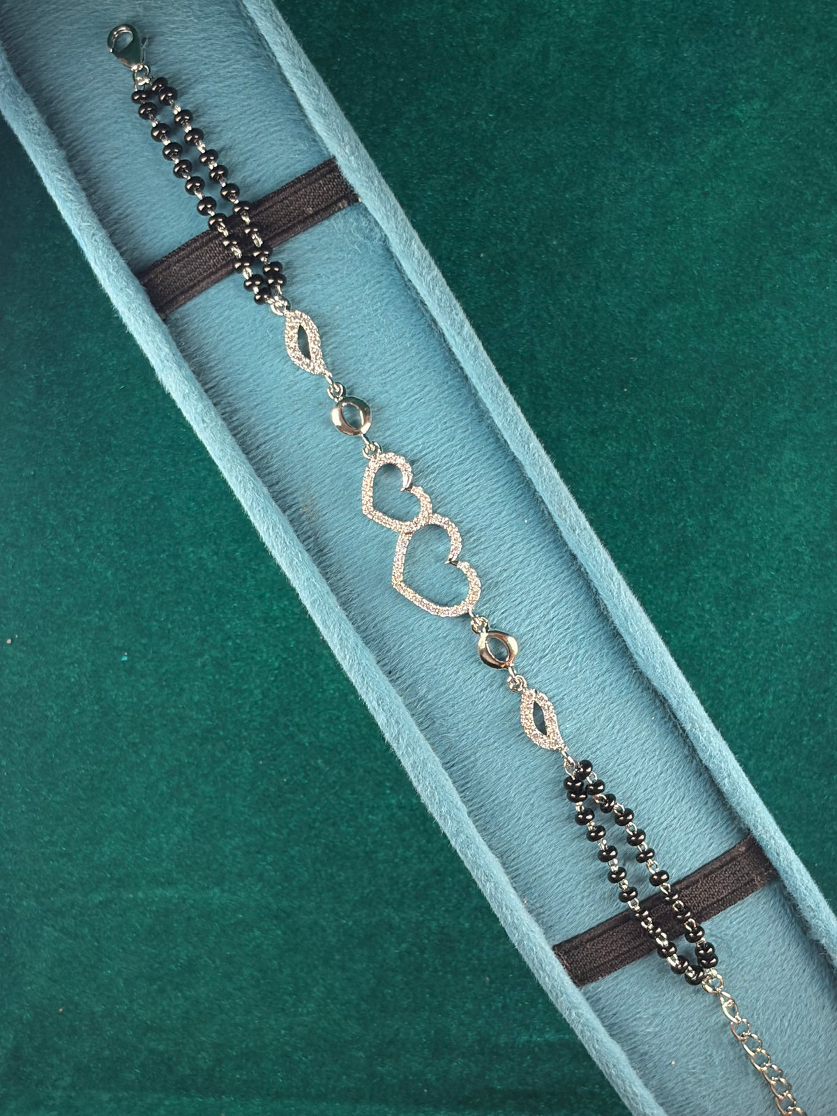 Black Bead Bracelet – Double Heart Charm, 925 Silver