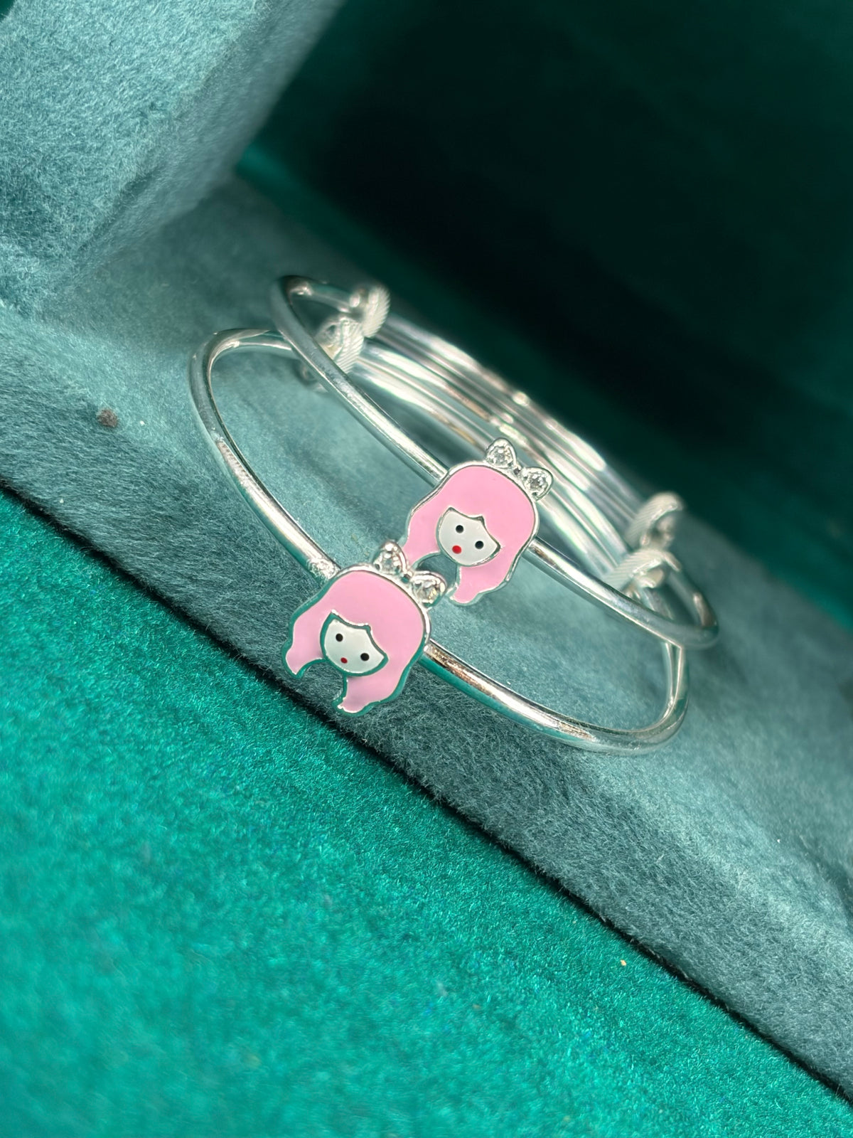 Doll Face Adjustable Kada Pair – Pink Enamel, 925 Silver