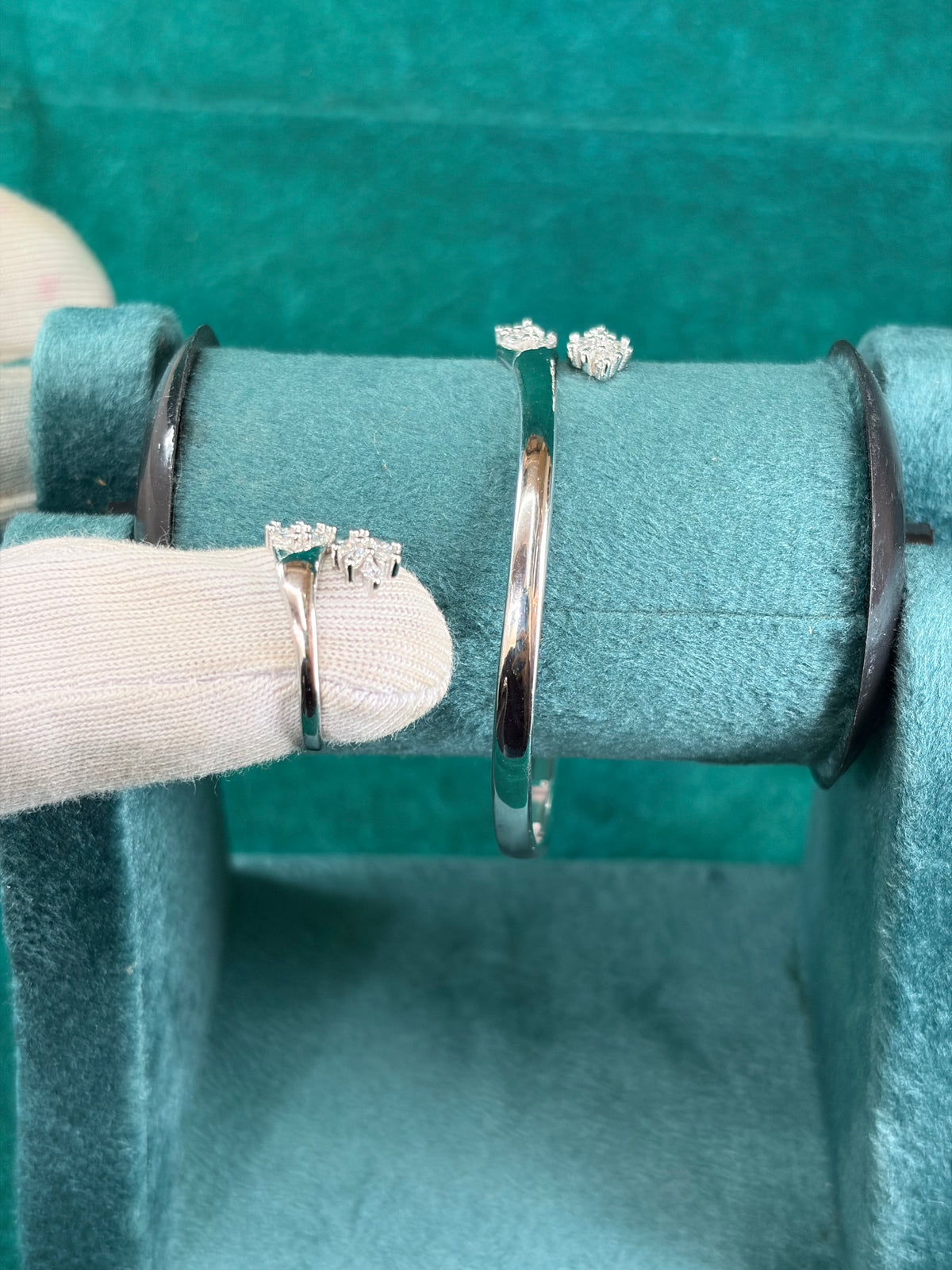 Floral CZ Cuff Bracelet & Ring Set, 925 Silver