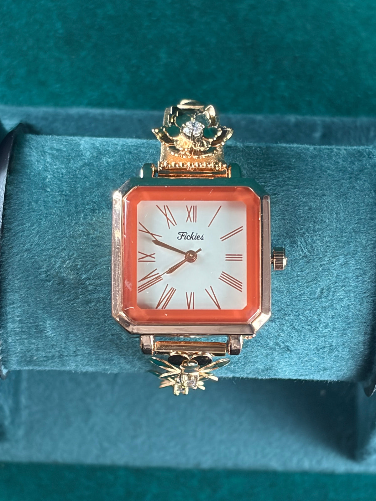 Square Dial Watch – Coral Bezel, 925 Silver