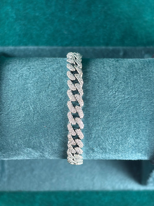 Pave Cuban Link Bracelet – Round Curb, 925 Silver