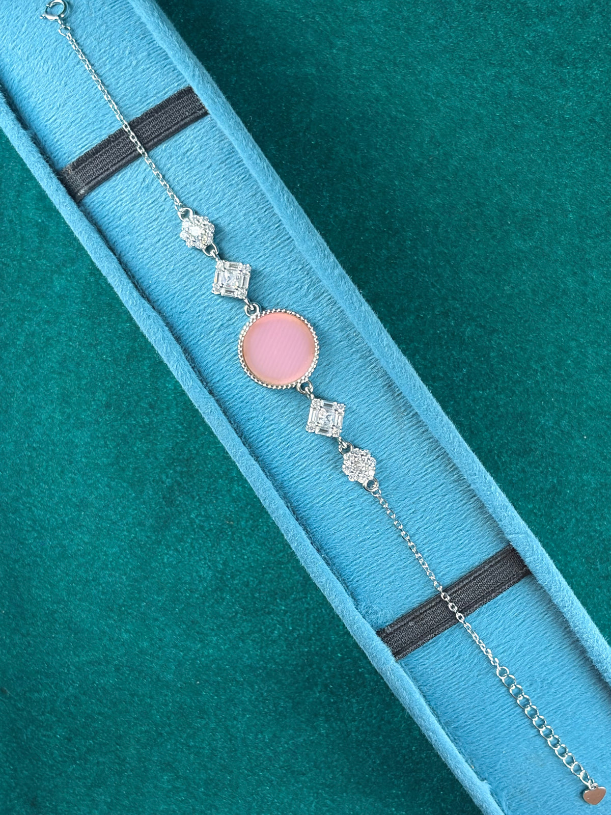 Pink-Tone Cabochon Bracelet – Deco Baguette Frame, 925 Silver