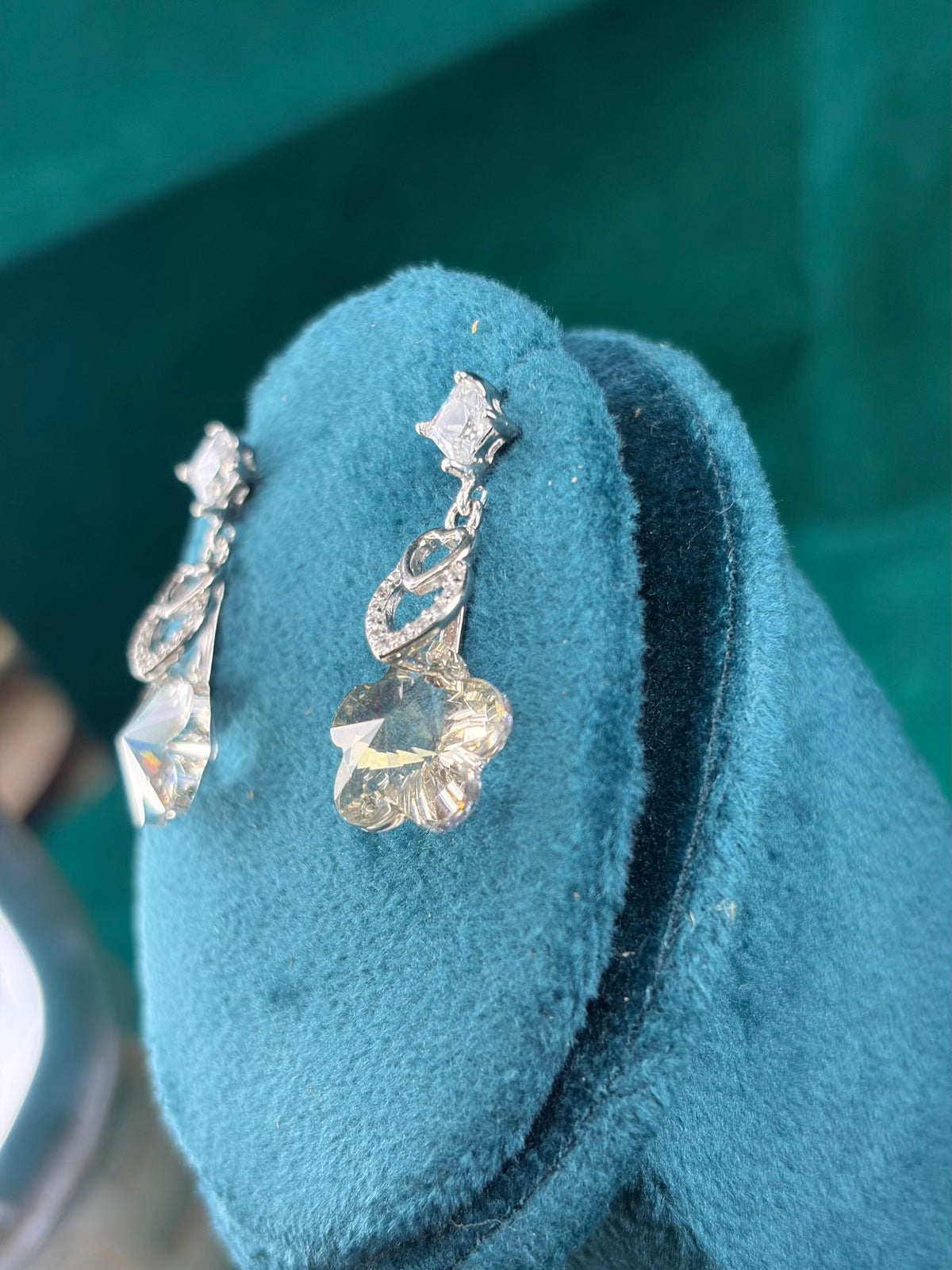 Clear Crystal Flower Danglers – Bridal, 925 Silver