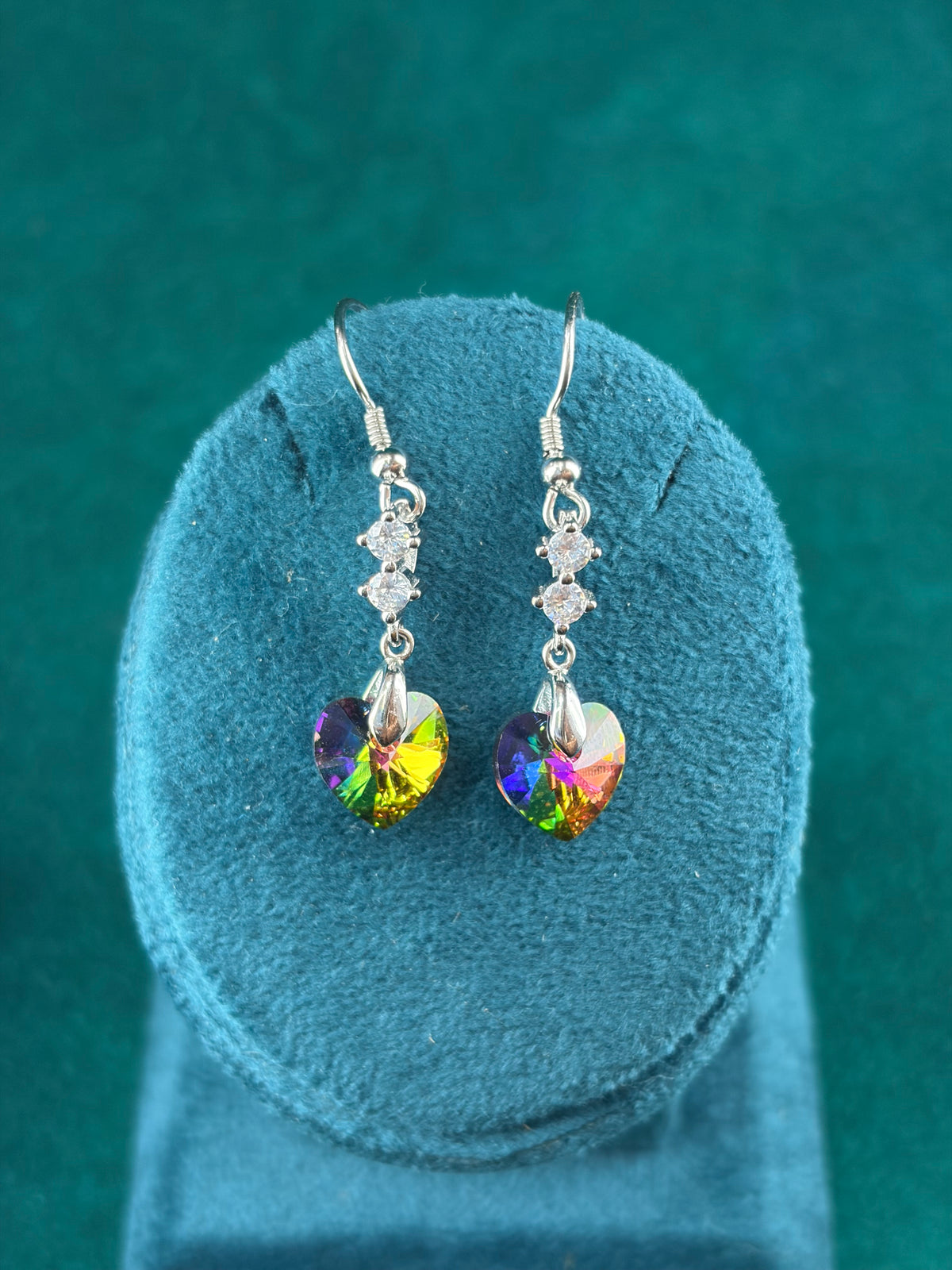 Rainbow-Tone Heart Danglers – Party Wear, 925 Silver