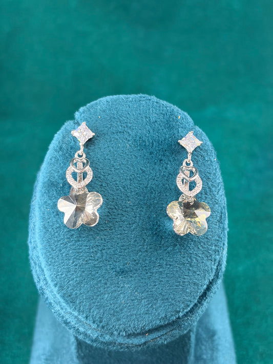 Clear Crystal Flower Danglers – Bridal, 925 Silver