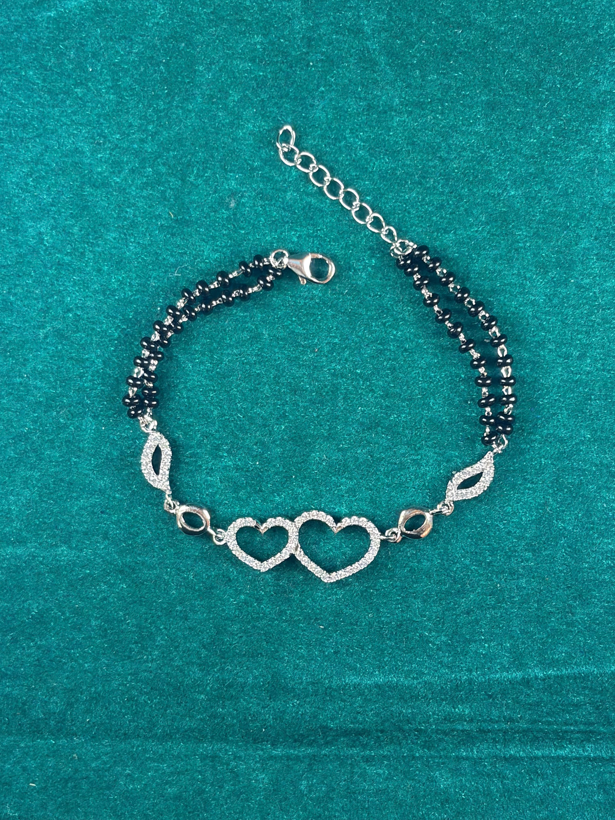 Black Bead Bracelet – Double Heart Charm, 925 Silver