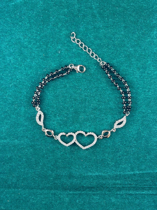 Black Bead Bracelet – Double Heart Charm, 925 Silver