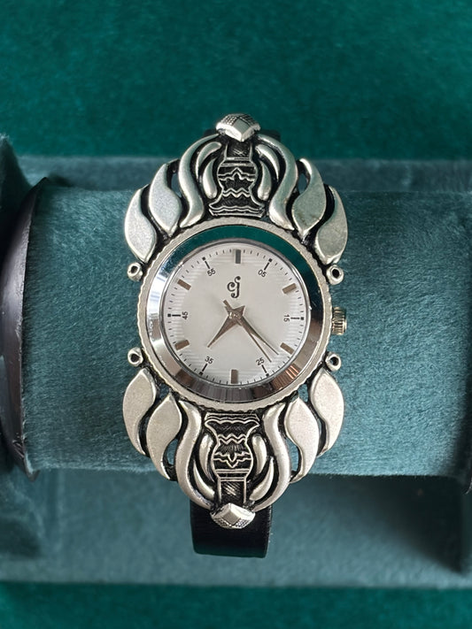Flame Scroll Watch – White Dial, 925 Silver