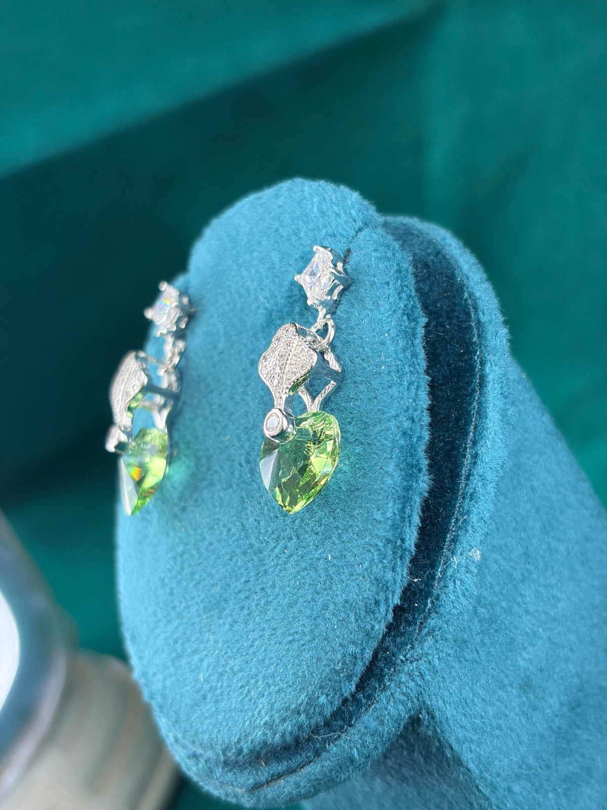 Green Crystal Heart Danglers – Ornate Link, 925 Silver