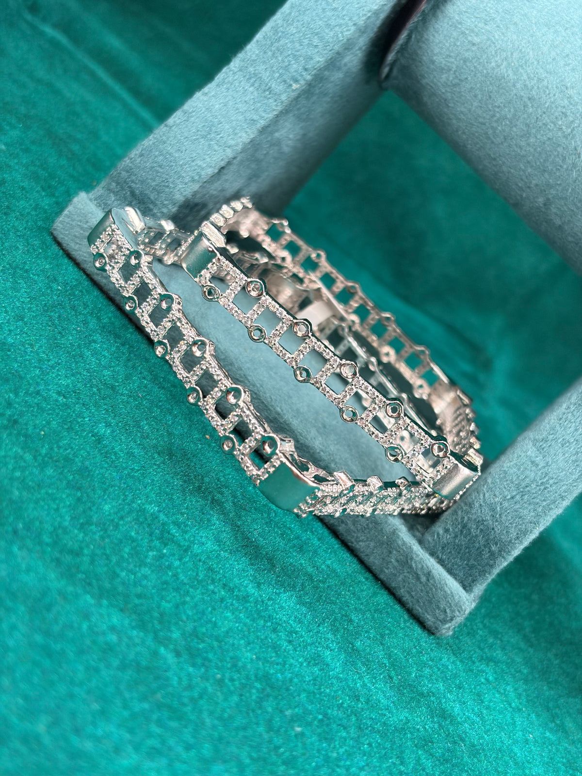 Rectangle Link Bangle Pair – Bezel Stone, 925 Silver