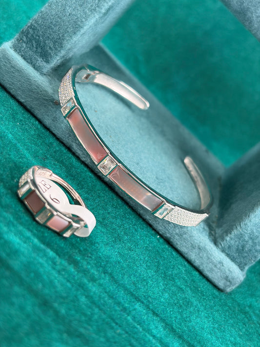 Pink Inlay Cuff Bracelet & Ring Set, 925 Silver