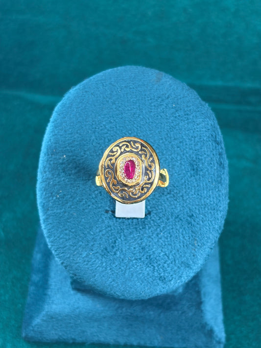 Scroll Enamel Ring – Ruby-Tone Oval, 925 Silver