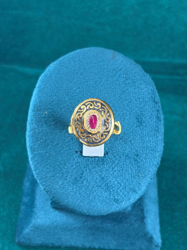 Scroll Enamel Ring – Ruby-Tone Oval, 925 Silver
