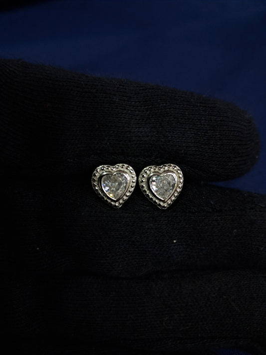 Heart with studded diamonds silver earrings