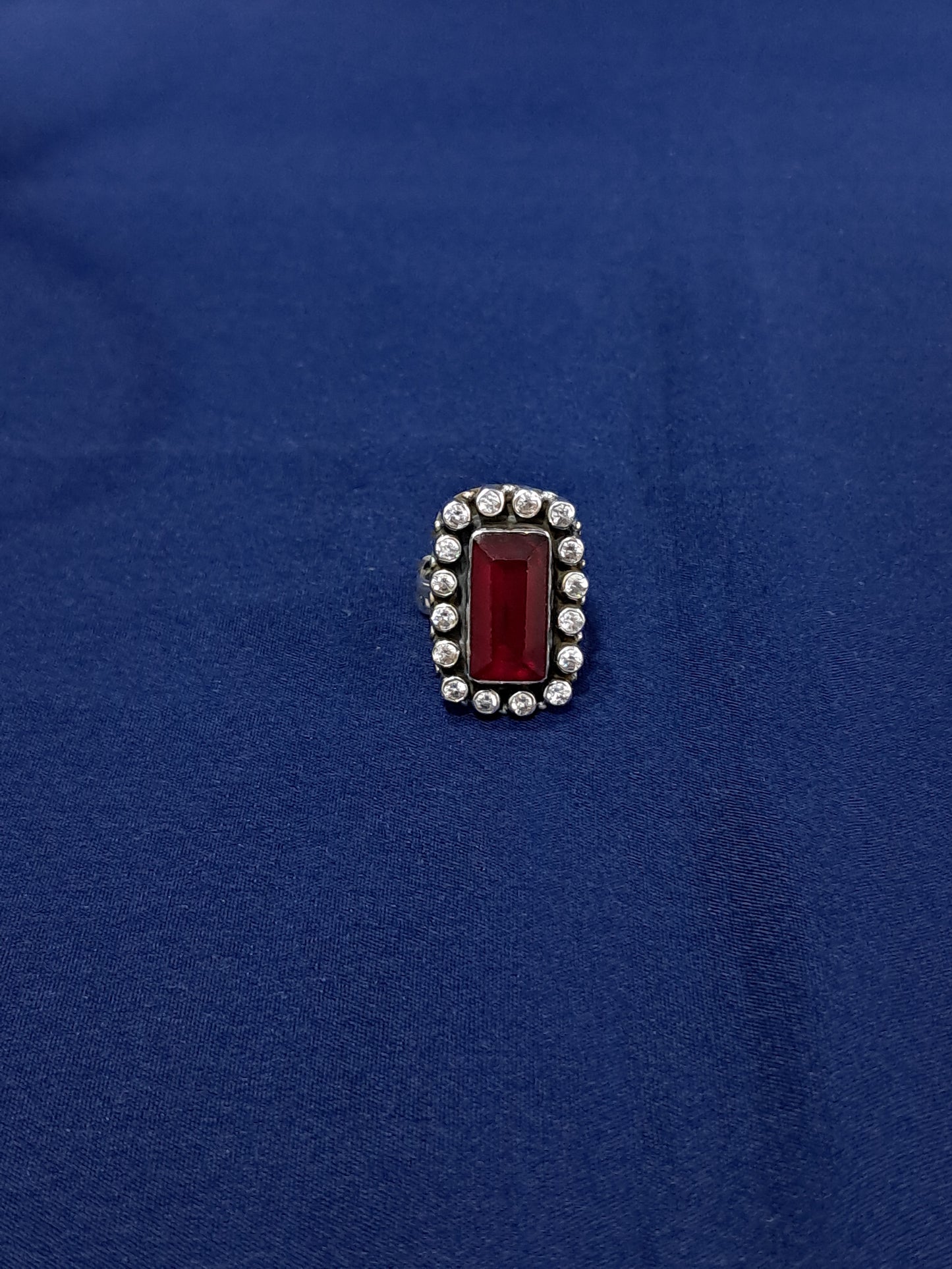 Rectangular red stone silver ring (adjustable)