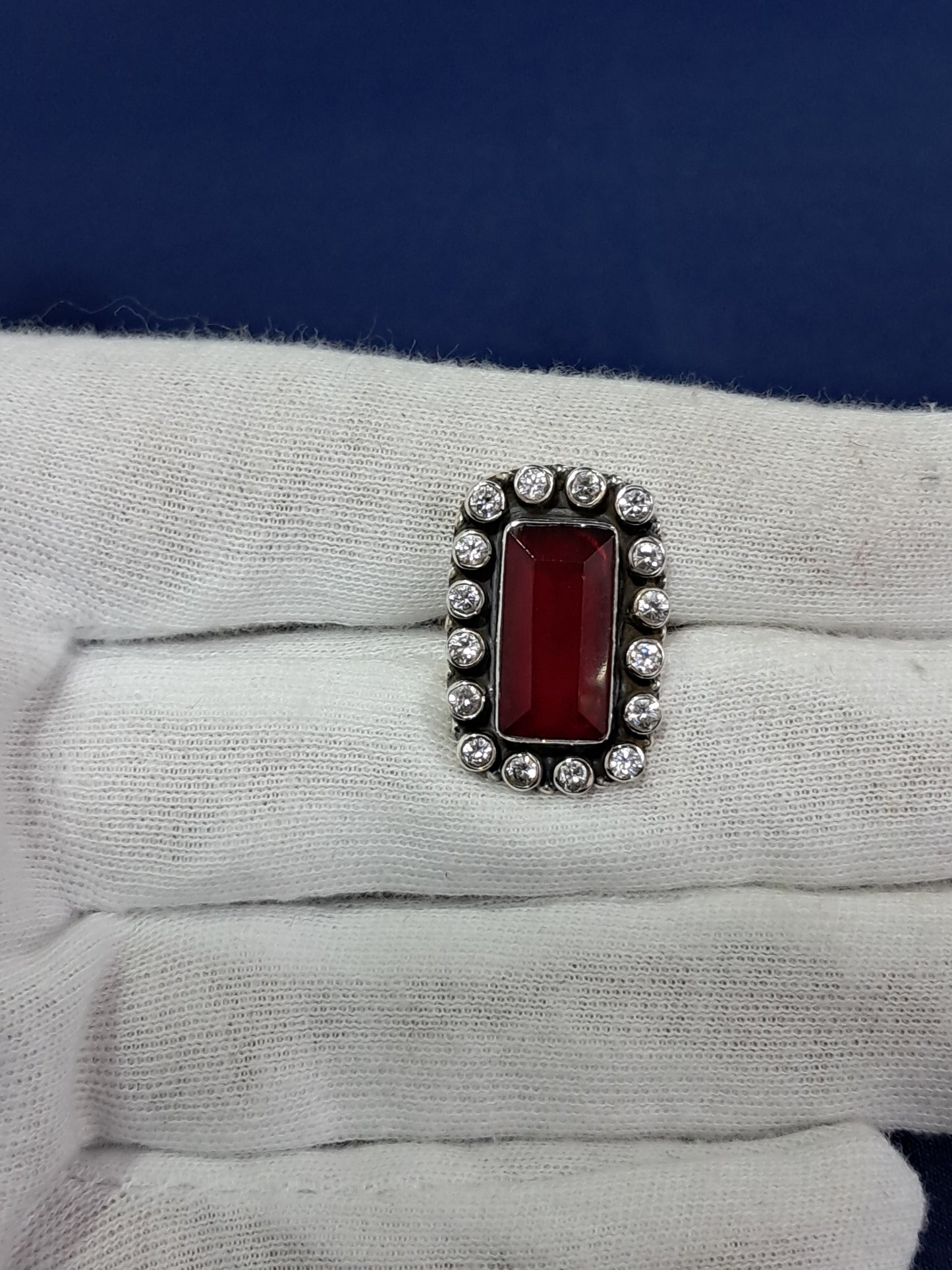 Rectangular red stone silver ring (adjustable)