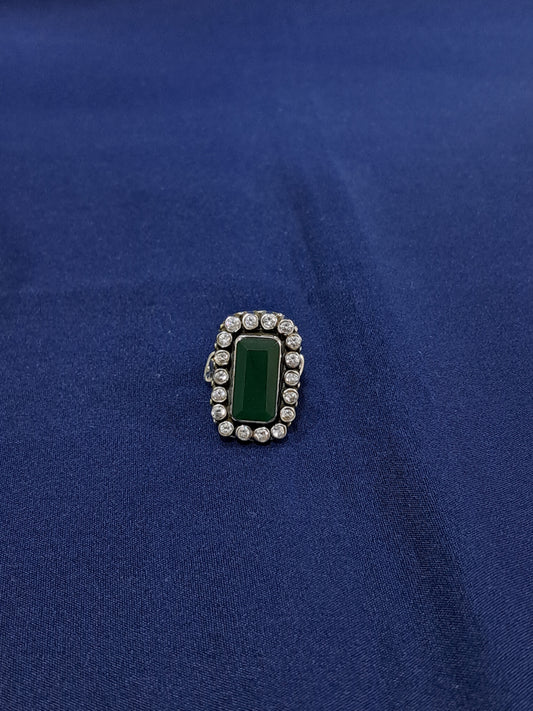 Rectangular green stone silver ring (adjustable)