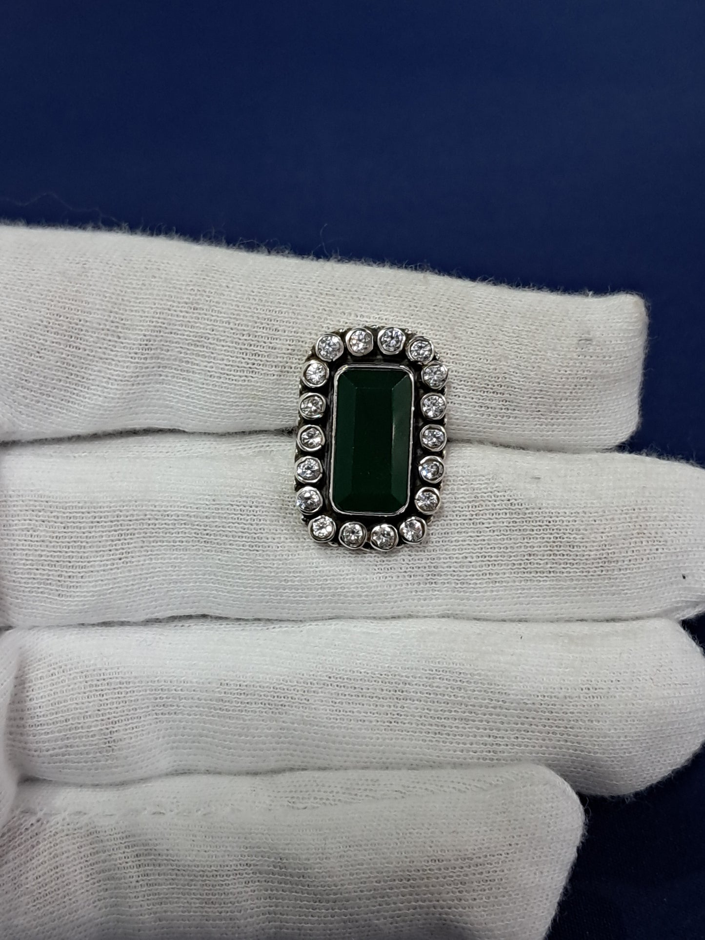 Rectangular green stone silver ring (adjustable)