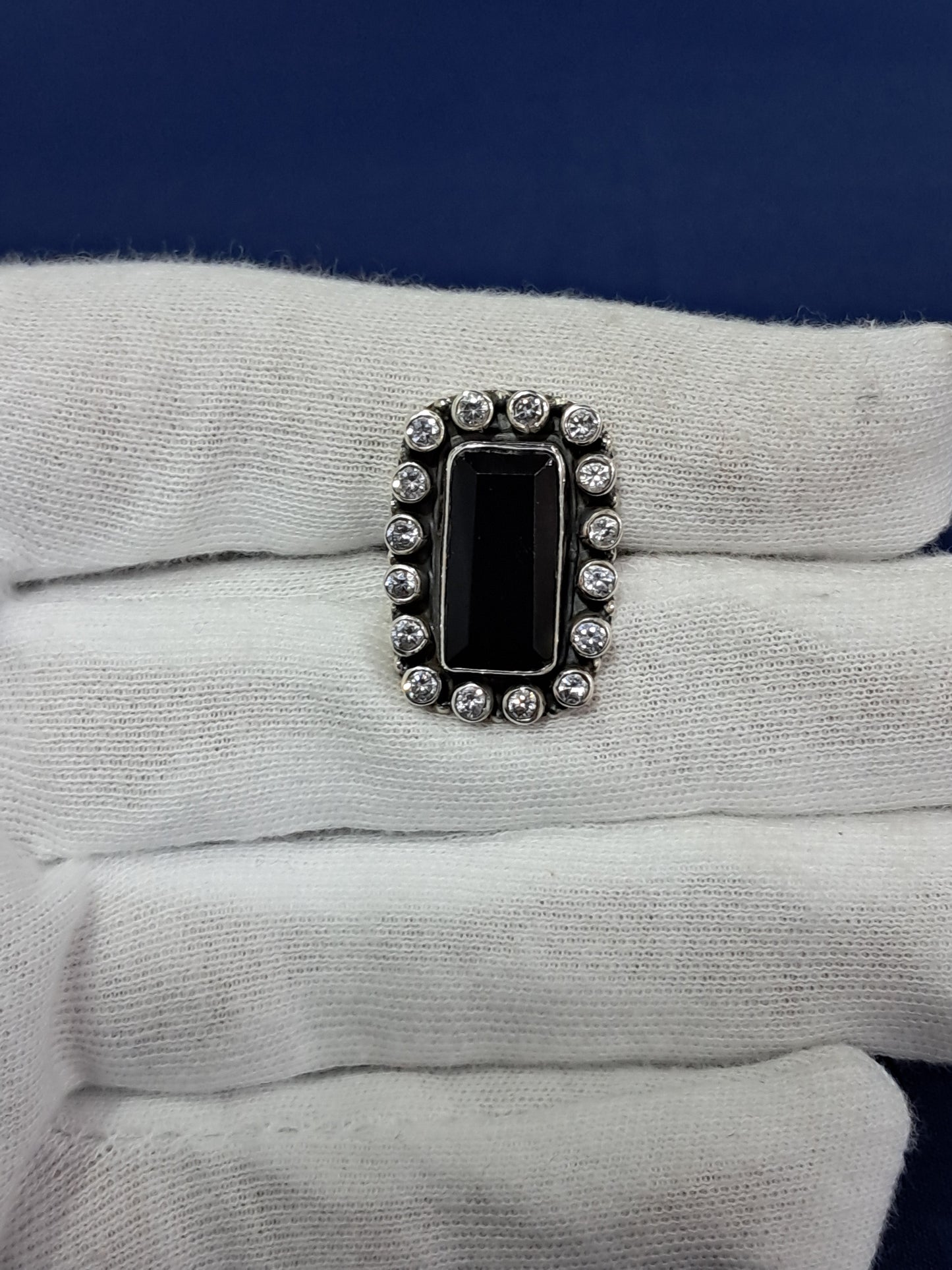 Rectangular black stone silver ring (adjustable)