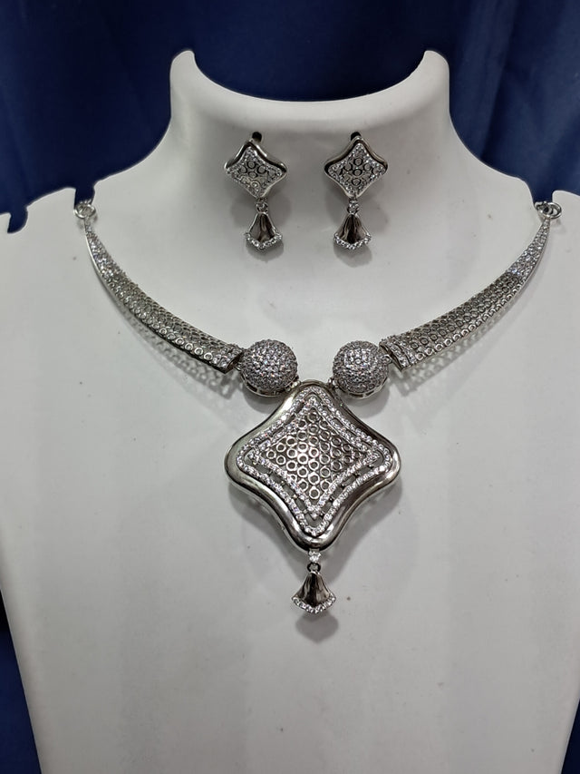 Pave Diamond-Shape Necklace Set – Statement, 925 Silver
