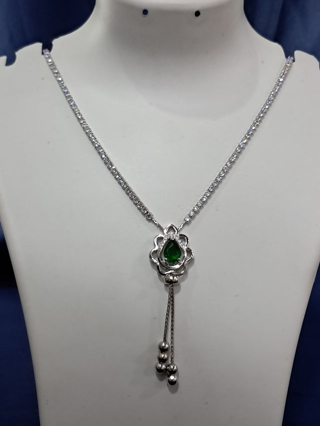 Green-Tone Floral Pendant Necklace – Tassel Drop, 925 Silver