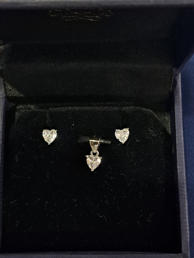 Heart CZ Pendant & Earring Set – Delicate Solitaire, 925 Silver