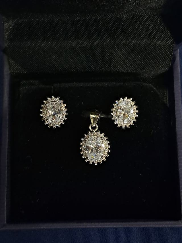 Oval Halo CZ Pendant & Earring Set – Sparkling Bridal, 925 Silver