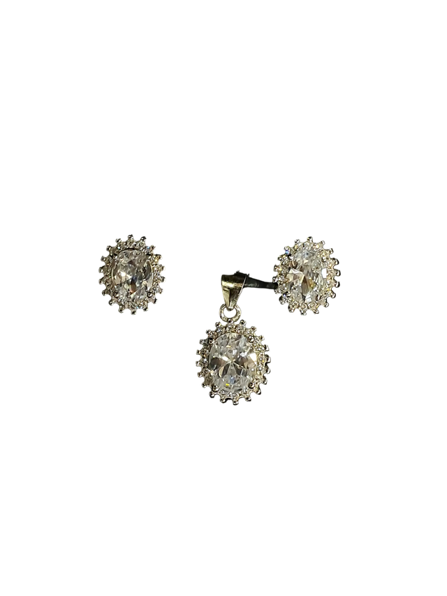Oval Halo CZ Pendant & Earring Set – Sparkling Bridal, 925 Silver
