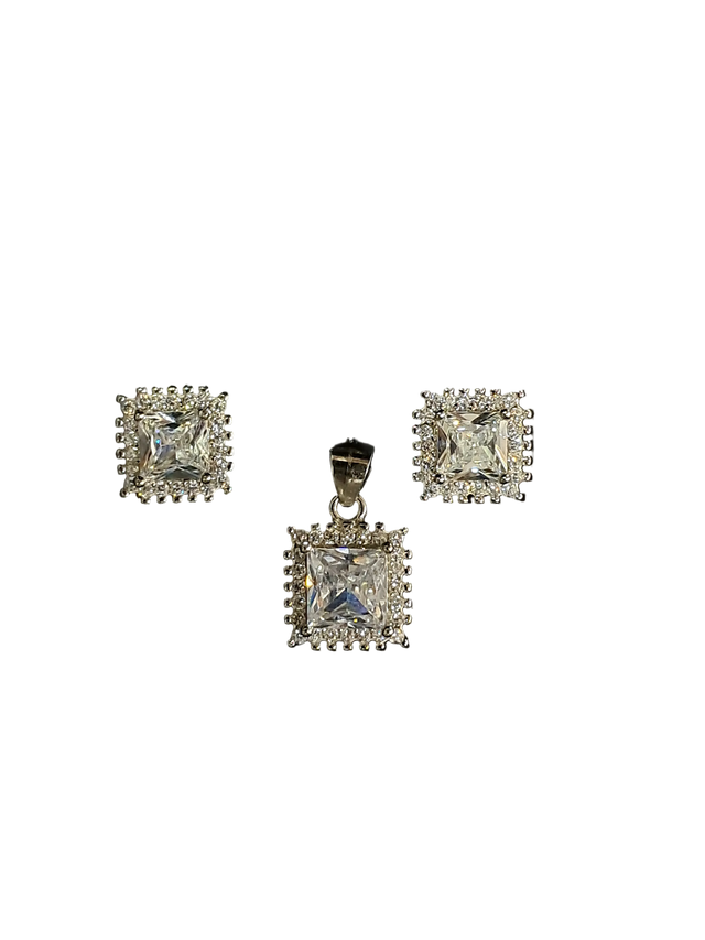 Square Halo CZ Pendant & Earring Set – Princess Cut, 925 Silver