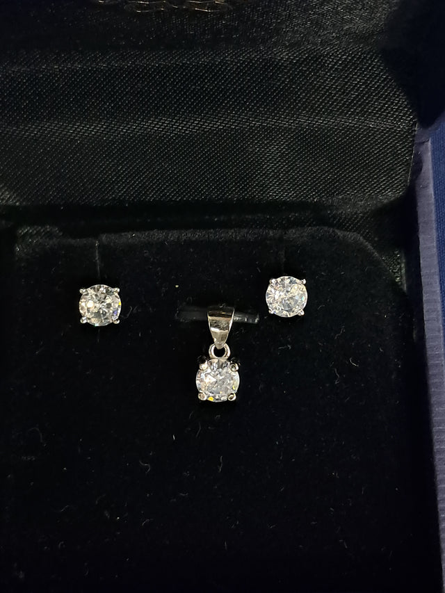 Round CZ Pendant & Earring Set – Everyday Solitaire, 925 Silver