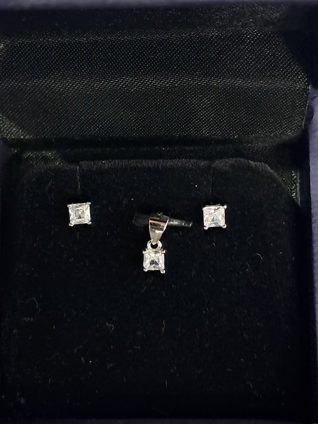 Square CZ Pendant & Earring Set – Petite Solitaire, 925 Silver