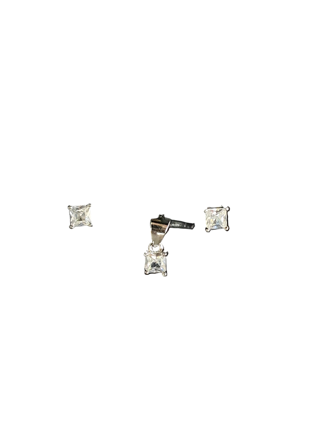 Square CZ Pendant & Earring Set – Petite Solitaire, 925 Silver