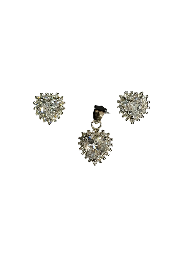Heart Halo CZ Pendant & Earring Set – Festive Sparkle, 925 Silver