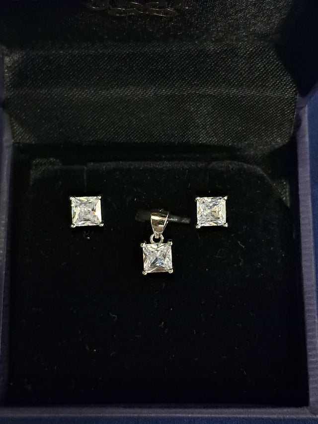 Square Solitaire CZ Pendant & Earring Set – Everyday Wear, 925 Silver