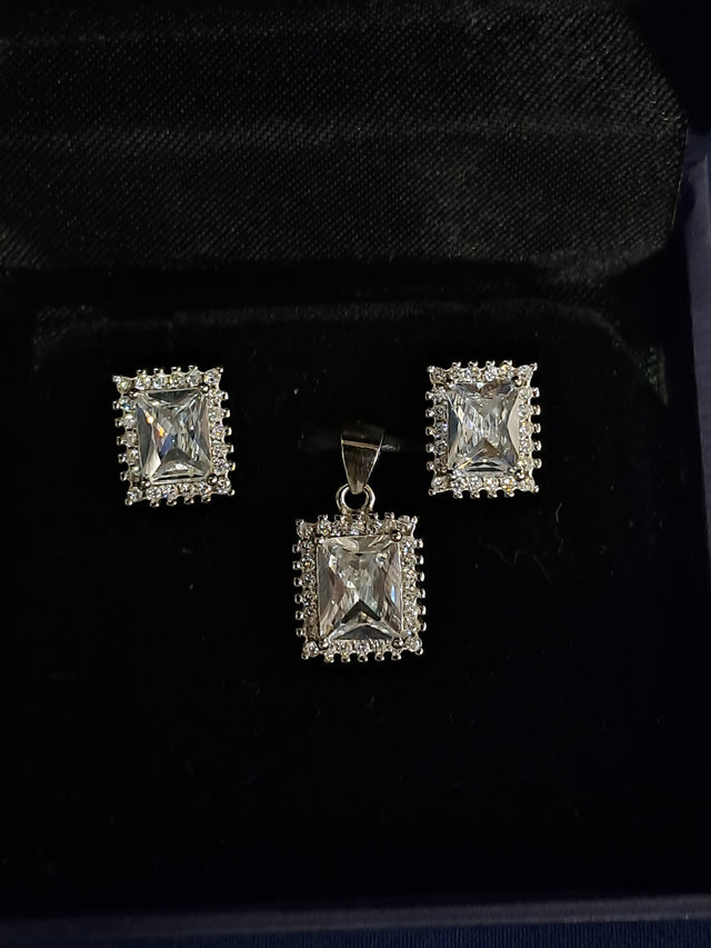 Rectangle Halo CZ Pendant & Earring Set – Emerald Cut, 925 Silver