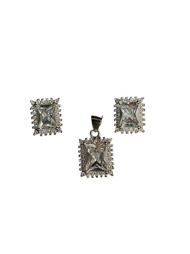 Rectangle Halo CZ Pendant & Earring Set – Emerald Cut, 925 Silver