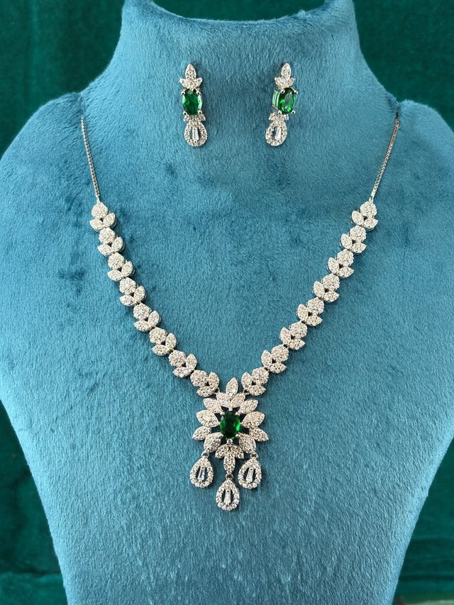Emerald-Tone Leaf Cluster Necklace Set With Earrings – Teardrop Fringe, 925 Silver