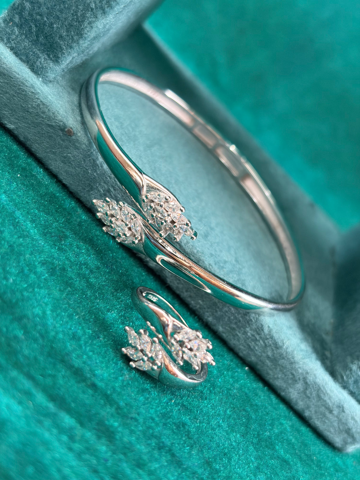 Floral CZ Cuff Bracelet & Ring Set, 925 Silver