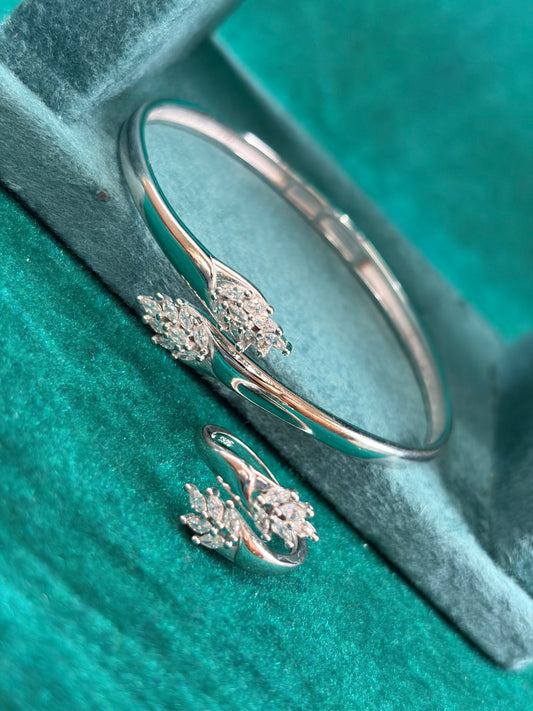 Floral CZ Cuff Bracelet & Ring Set, 925 Silver