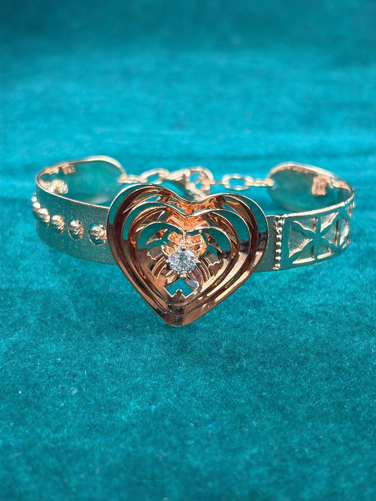 Heart Charm Bracelet – Rose-Tone Solitaire, 925 Silver