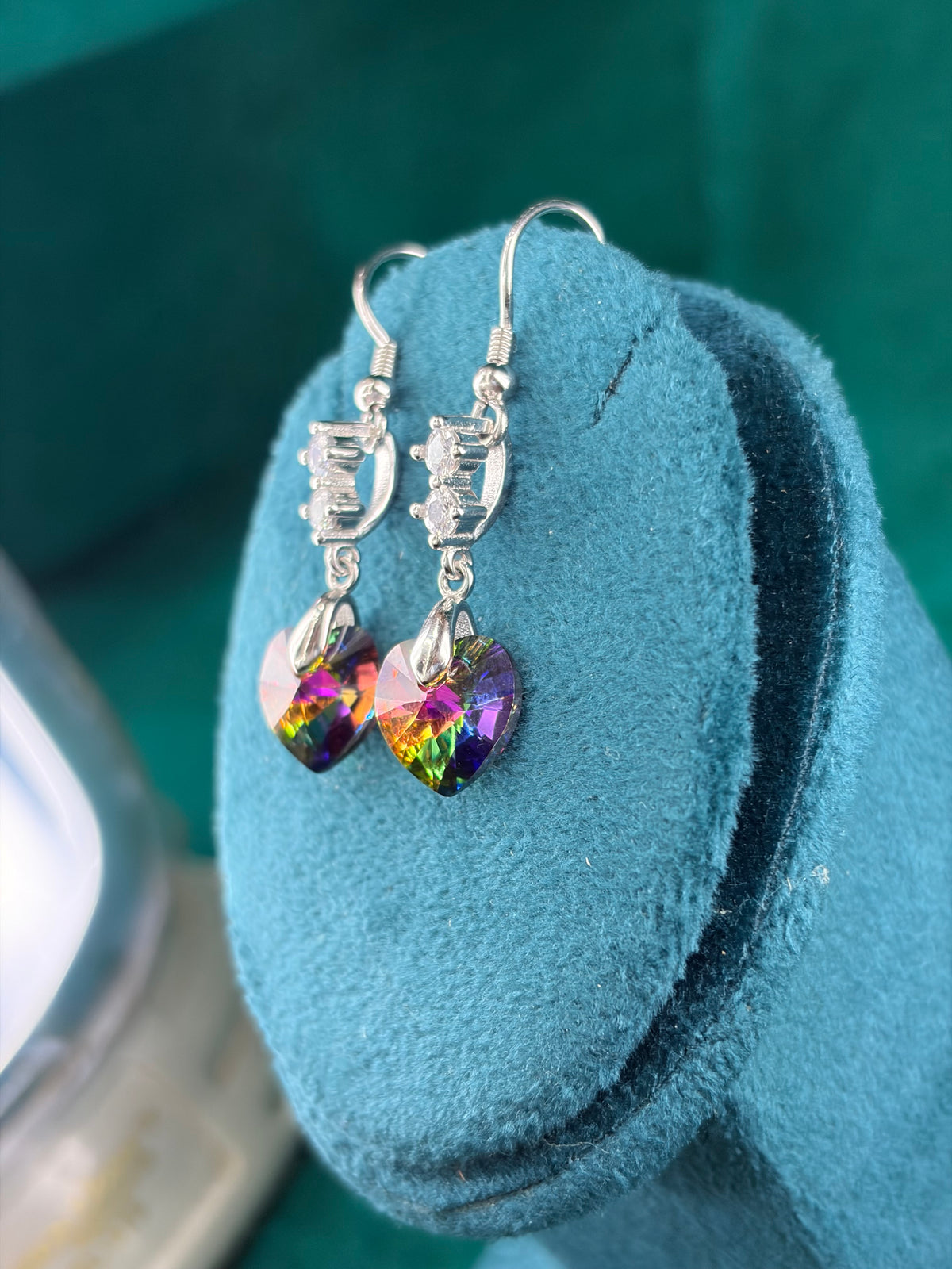 Rainbow-Tone Heart Danglers – Party Wear, 925 Silver