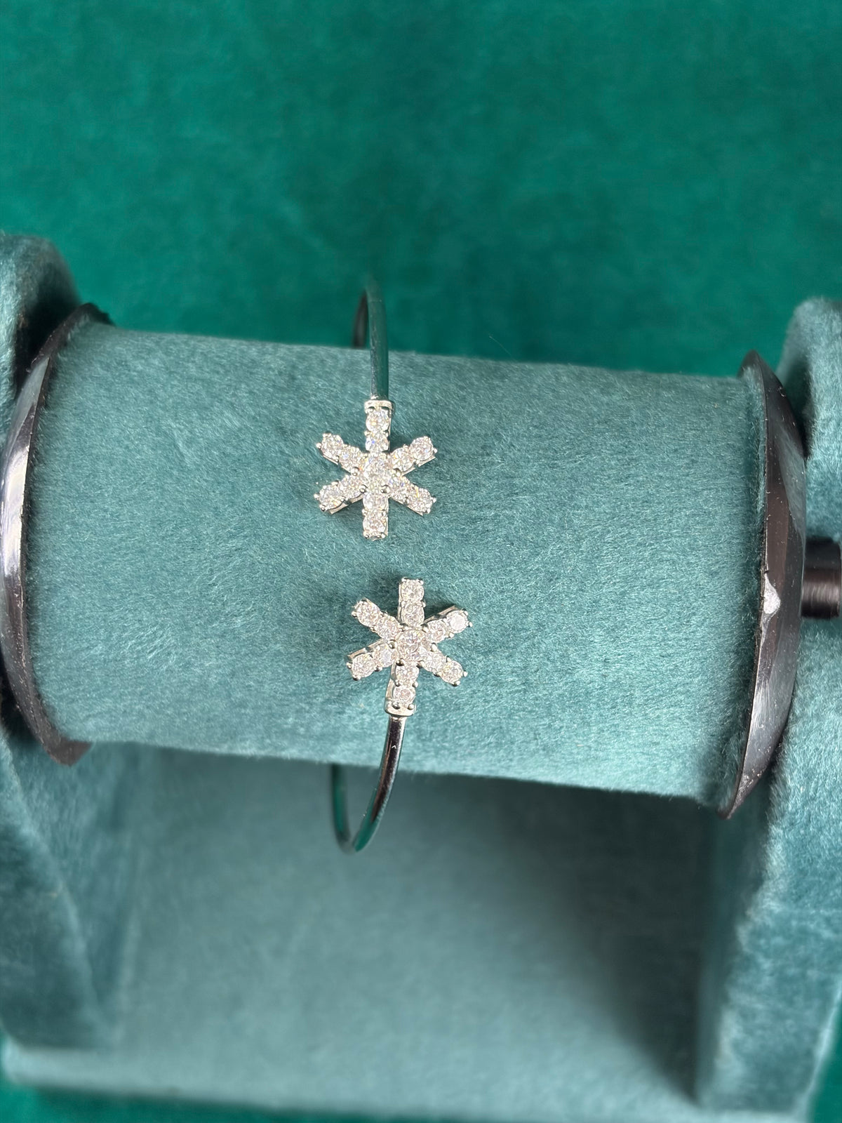 Open Cuff Bracelet – Snowflake Charm Design, 925 Silver